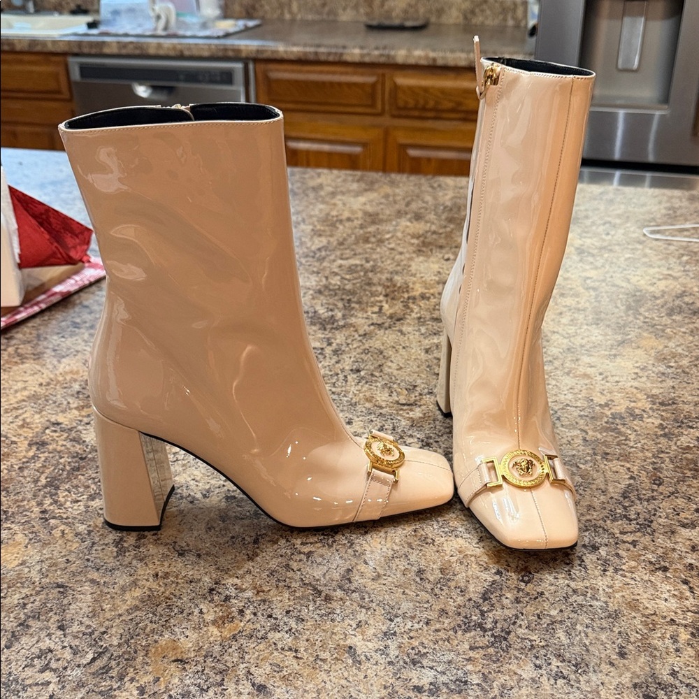 Versace Cream Patent Leather Heeled Boots